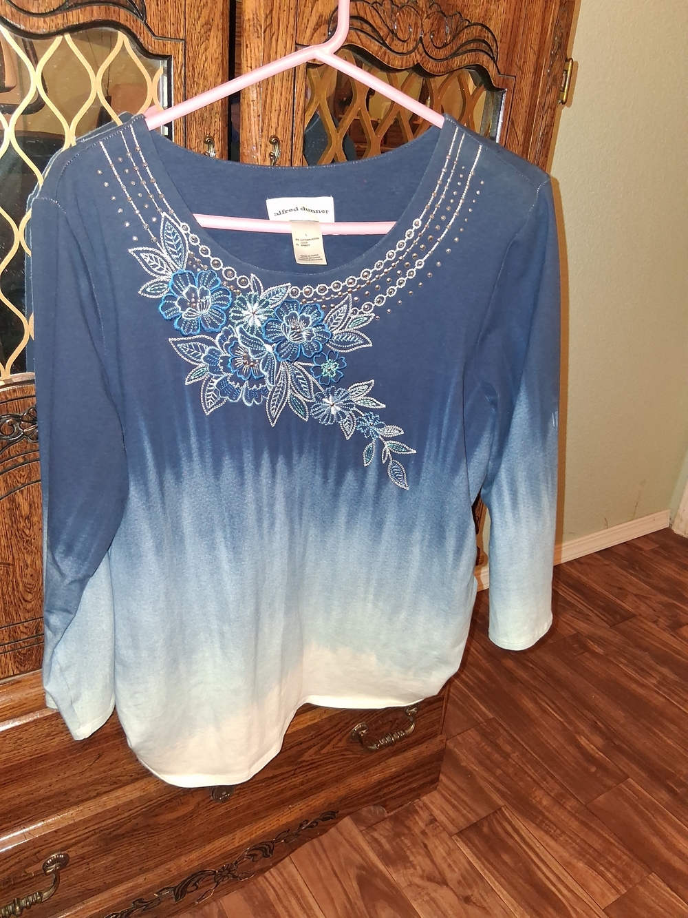 Alfred Dunner Blue Ombre Floral Embellished Long Sleeve Top